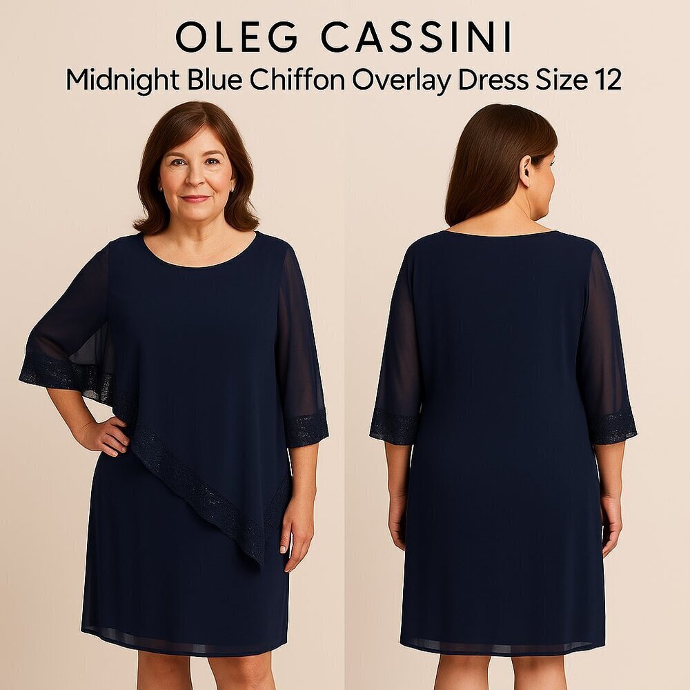 Oleg Cassini Midnight Blue Asymmetrical Chiffon Dress Beaded Trim Size 12